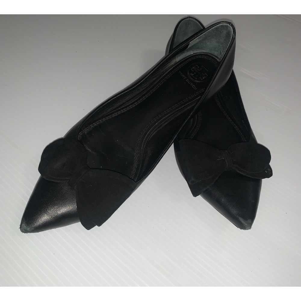 Tory Burch Rosalind Bow Pointed Toe Ballerina Flat Ballet Black Shoe 7.5 Leather